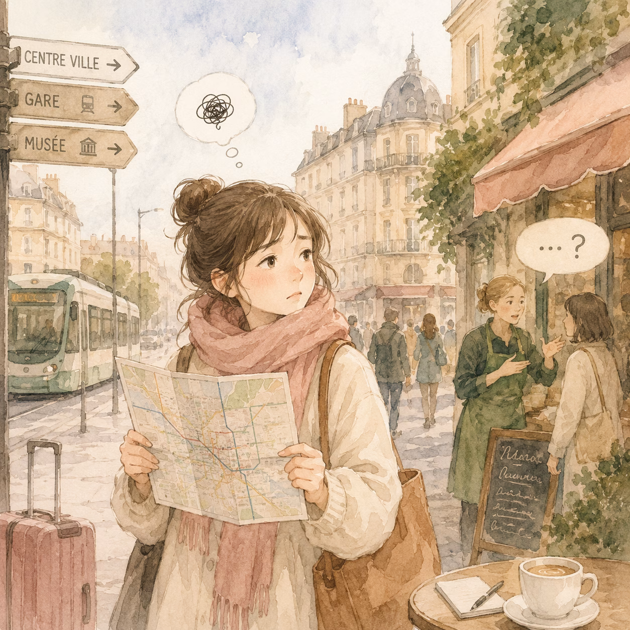 A young woman with a map, scarf, and a pink coat stands on a Parisian street with a café and signs like Centre Ville, Gare, Musée in the background.
