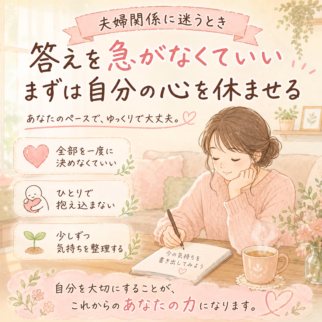 答えを急ぐより、まず自分の心に余裕を取り戻していく