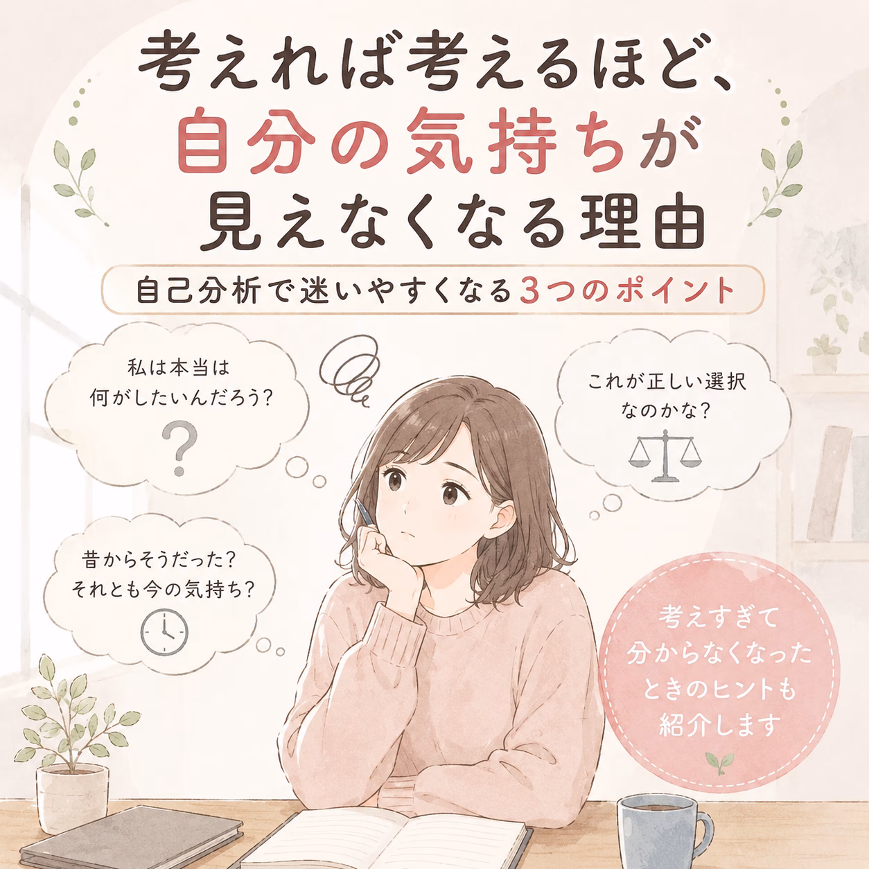Pastel illustration of a thoughtful woman at a desk with an open notebook, surrounded by thought bubbles about questions like 'What should I do?', 'Is this the right choice?', and a clock, for a self-reflection guide.