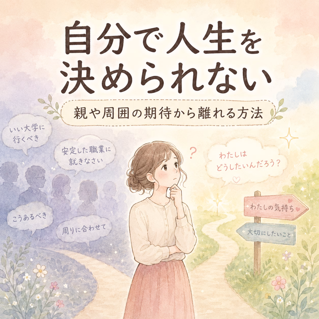 Pastel illustration of a woman at a crossroads, contemplating her own feelings and important life choices, with Japanese text about deciding life for oneself.