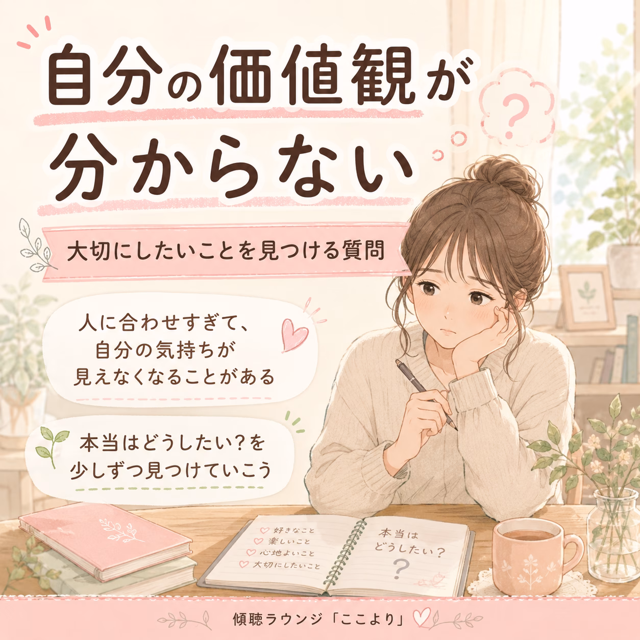 やさしいパステルカラーのイラストで、価値観が分からず考え込む女性が机に向かいメモを取る場面。ノートには“本当はどうしたい？”などの文字がある。