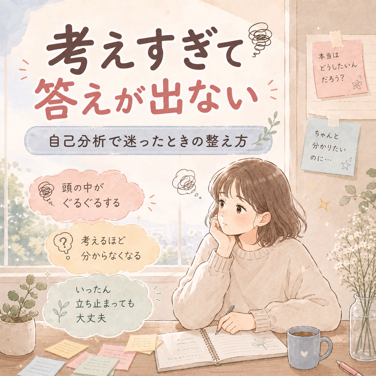Illustration of a thoughtful young woman sitting at a desk with notebooks, sticky notes, potted plants, and a coffee mug, while Japanese text about overthinking appears in pastel colors.