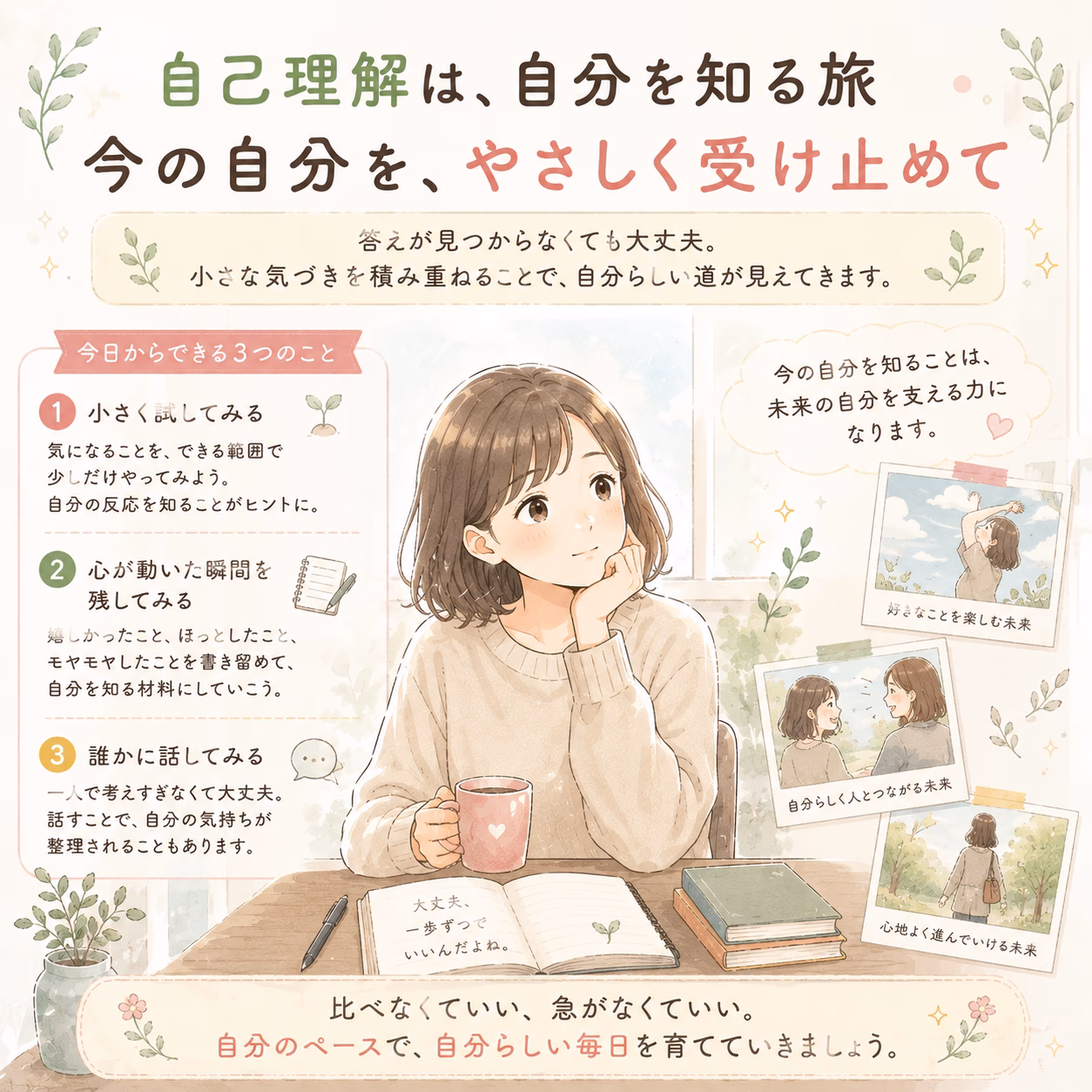 Pastel illustrated poster about self-understanding and gentle self-acceptance, showing a girl at a desk with plants and three steps to try small things, notice moments, and talk with others.