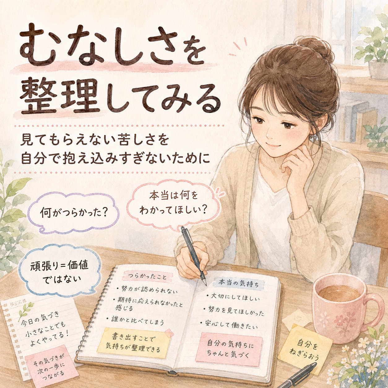 机に向かう女性がノートに書き込み、心のもやもやを整理する様子を描く、穏やかなタッチのイラスト。がまえの付箋とコーヒーマグが置かれ、暖かい色使い。