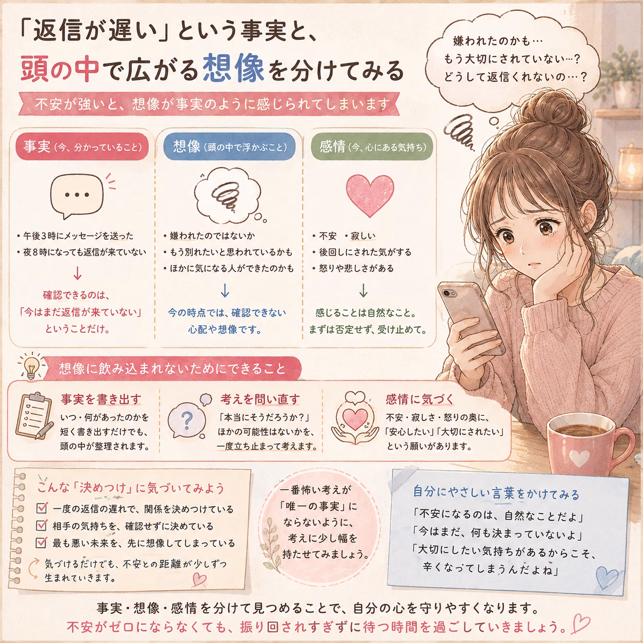Pastel Japanese infographic explaining how to separate reality, imagination, and feelings when anxious about delayed replies, with a girl looking at her phone on the right.