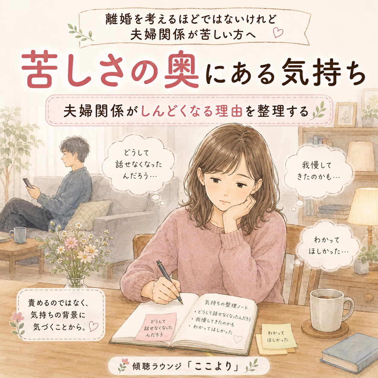 Illustration for a self-help article: a worried woman writes in a notebook at a warm dining table while a man sits on a sofa in the background, looking at his phone.
