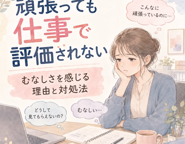 疲れて悩む女性が机の前で頬を手で支える、ノートとノートパソコンのあるデスクの風景。背景は pastelカラーで日本語の見出し風デザイン。