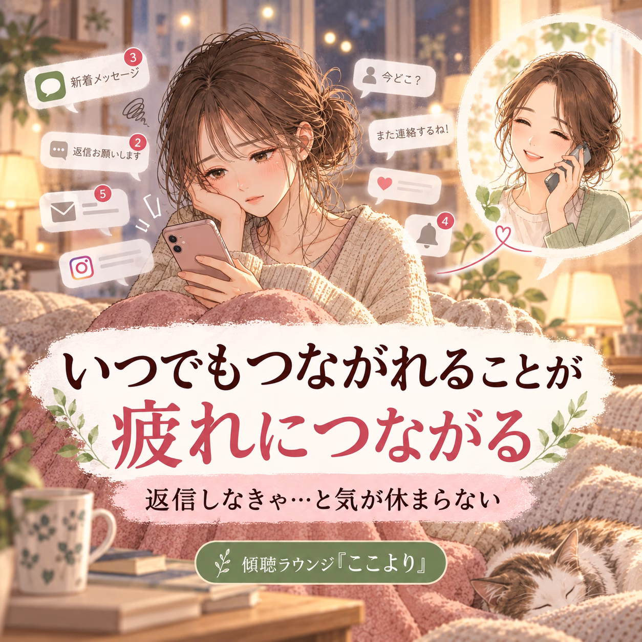 Cozy living room scene with a girl on a couch scrolling her phone as floating chat notifications appear; an inset shows a smiling friend on a call; a cat naps nearby.