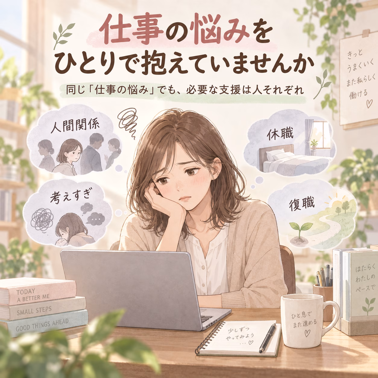 A woman sits at a desk with a laptop, looking worried while cloud thoughts about work stress surround her (relationships,休職,復職).