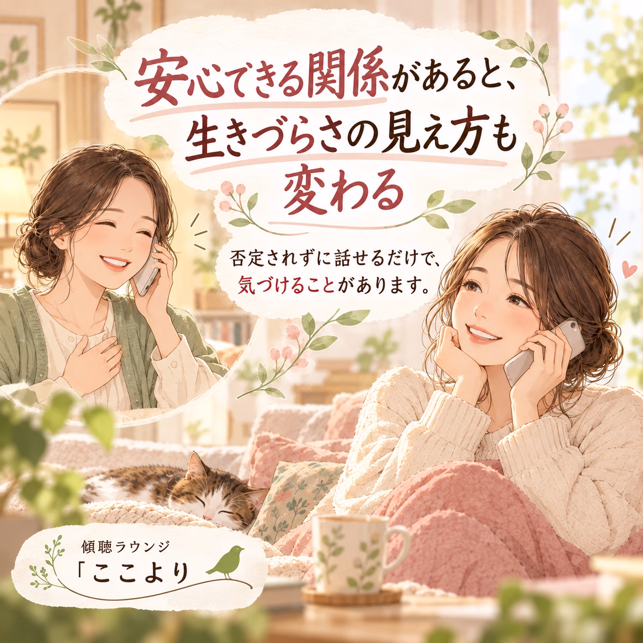 Two women sit in a cozy living room, talking on phones, with a sleeping cat; a floral banner with Japanese text above them.