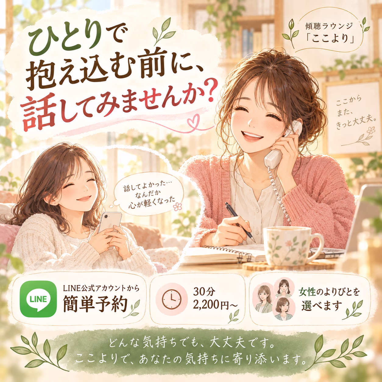 広告バナー。2人の女性が電話とスマホで話す、LINEで簡単予約の心理相談案内。
