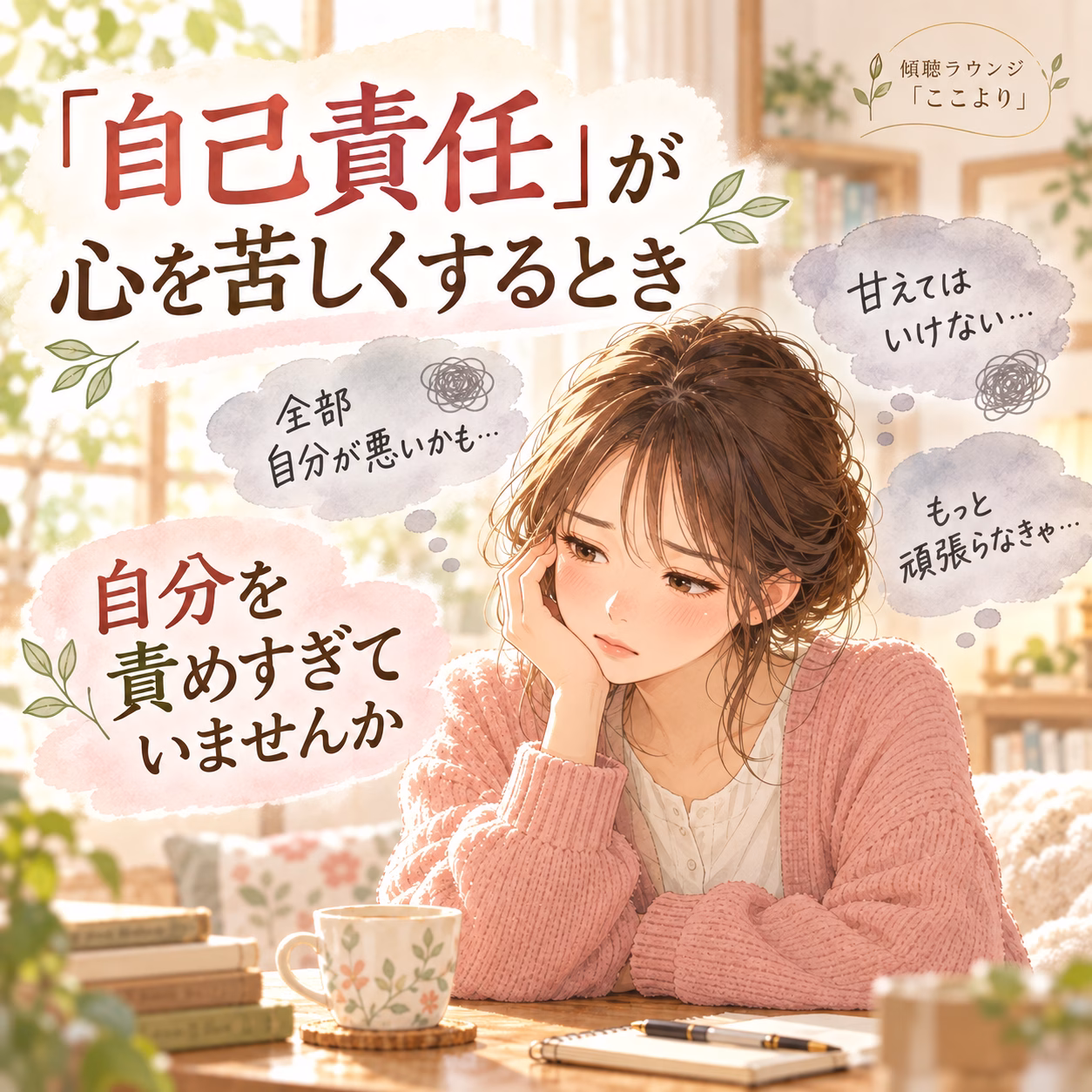 Young woman with brown hair in a pink cardigan sits at a cozy cafe, resting her chin on her hand, surrounded by thought bubbles with Japanese text.