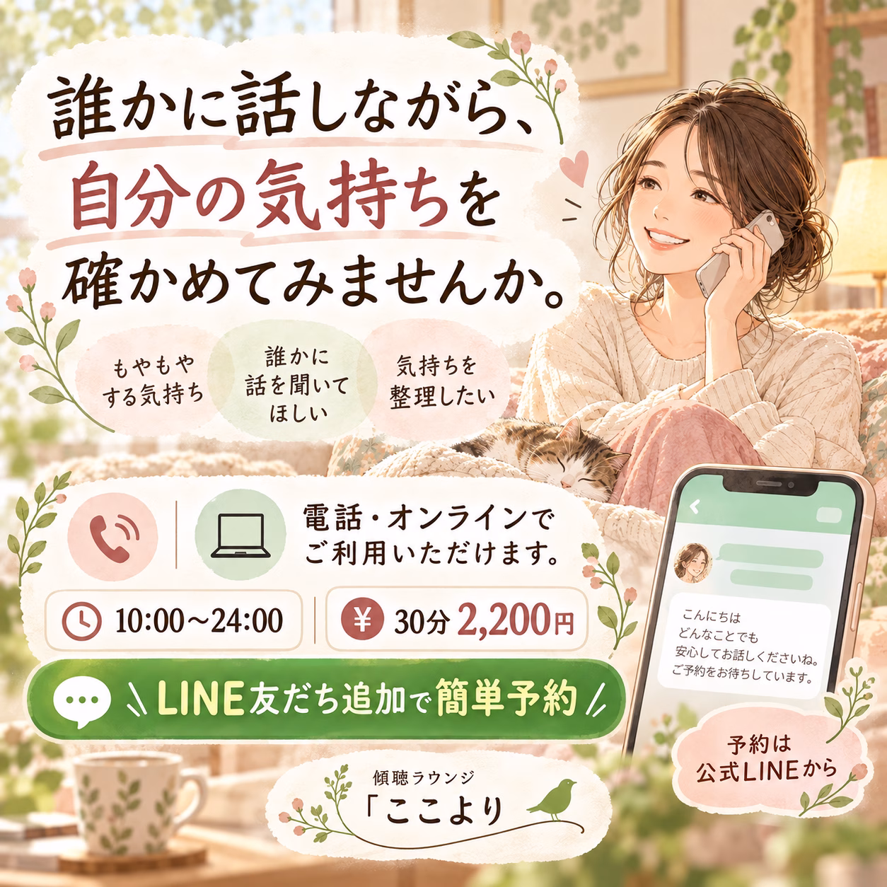 自宅でスマホを手に話す女性の広告イラスト。LINE友だち追加で簡単予約・オンライン利用を案内。