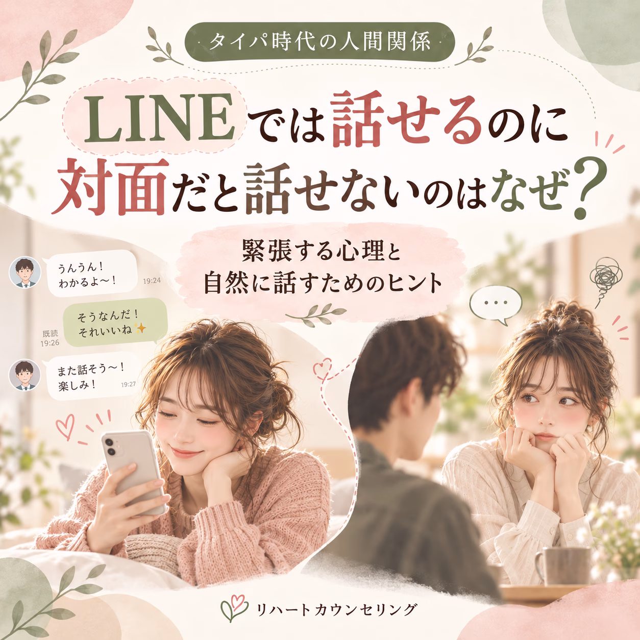 LINEでは話せるのに対面だと話せないのはなぜ緊張する心理と自然に話すためのヒント | リハートカウンセリング.com|傾聴で思考のクセを整え、生きにくさを軽くする電話・オンライン相談 LINEでは話せるのに対面だと話せないのはなぜ?緊張する心理と自然に話すためのヒント