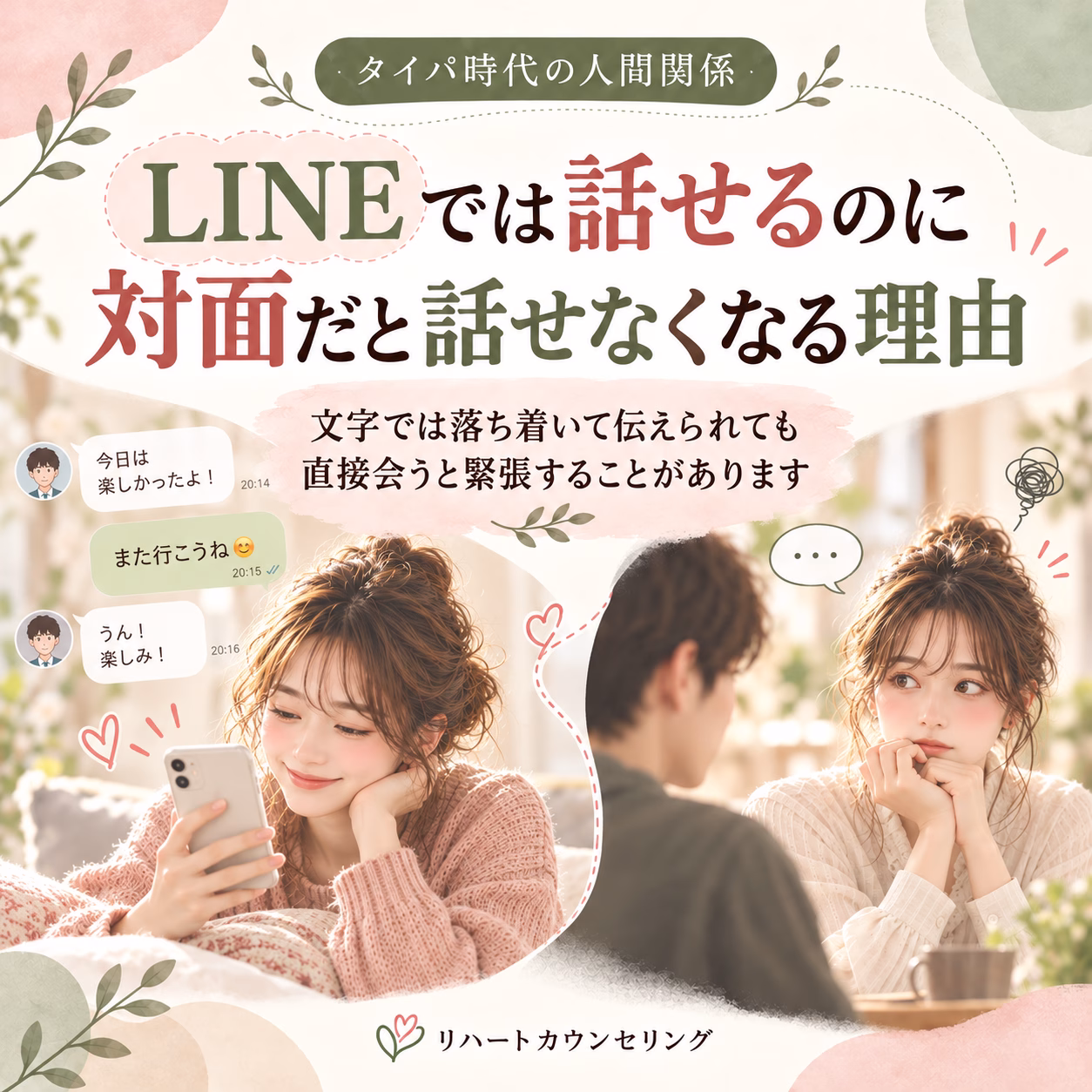 Pastel, decorative poster showing two young people texting on a smartphone with LINE-style chat bubbles; large Japanese title about talking on LINE vs. in-person.