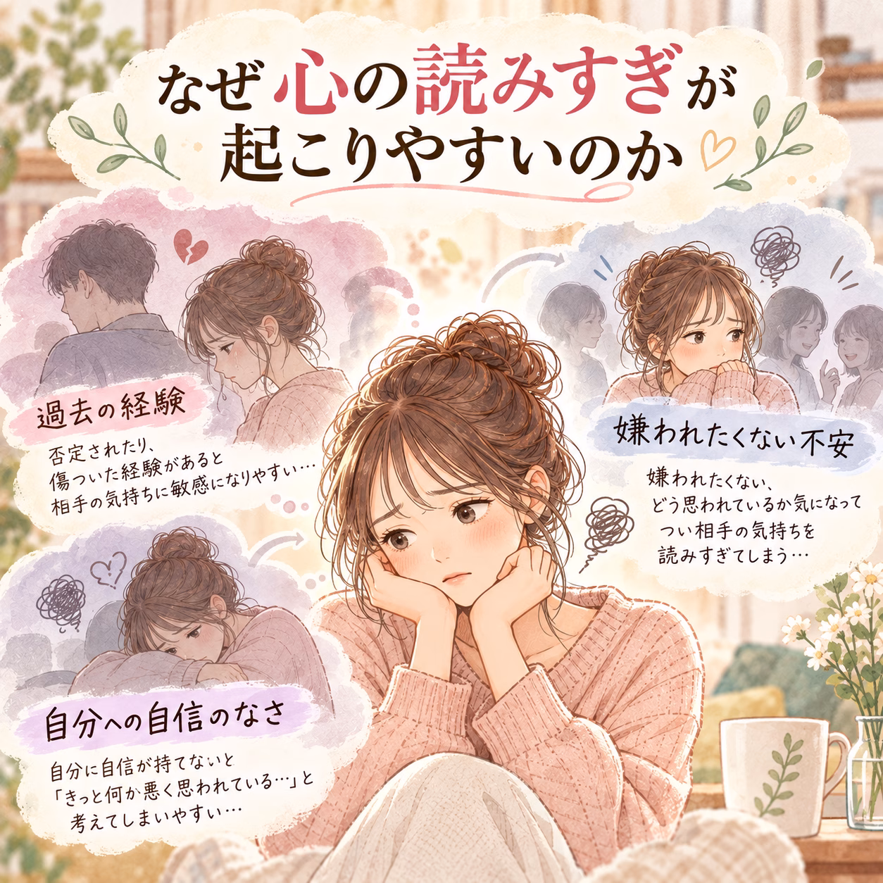 若い女性が座って悩む表情。周囲に“過去の経験”“嫌われたくない不安”など心の吹き出しが浮かぶイラスト。
