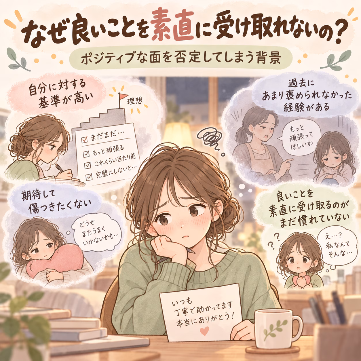 Cozy cafe scene with a worried woman holding a card that reads ‘いつも丁寧で助かってます 本当にありがとう!’, surrounded by thought bubbles about expectations and past experiences.
