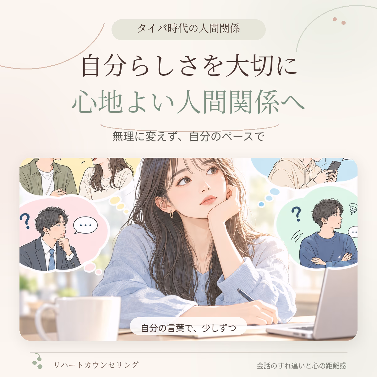 Pastel banner with Japanese headline about valuing individuality and fostering comfortable relationships; central illustration of a woman at a laptop with thought bubbles around her.