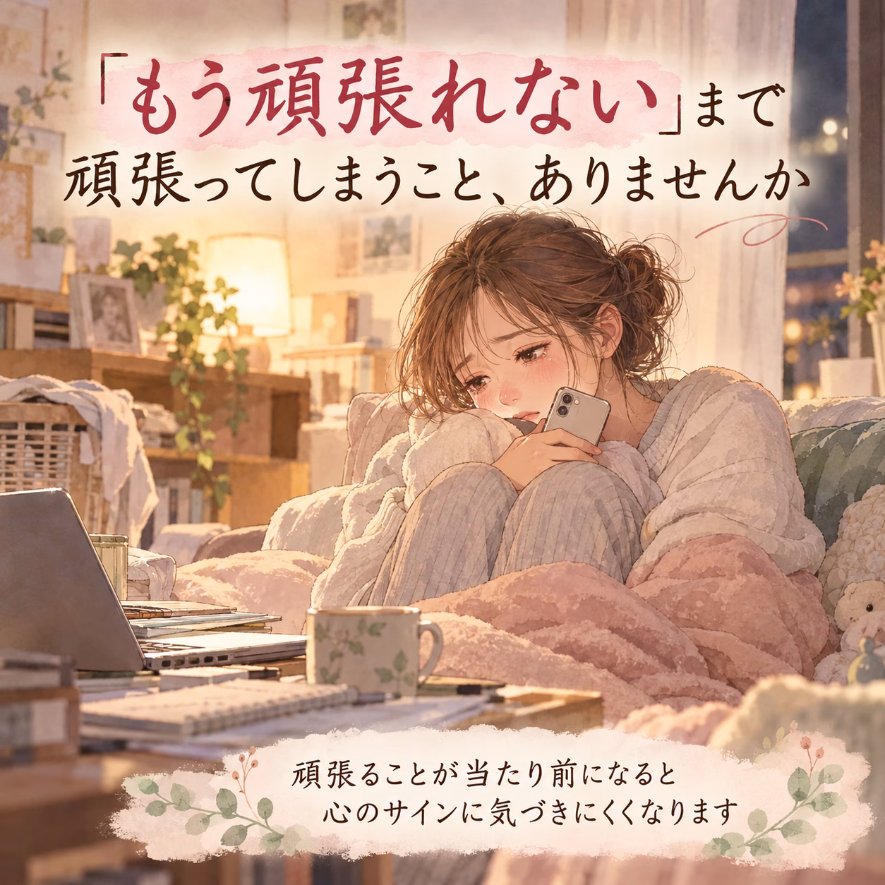 Young woman sits on a cozy couch under soft lighting, hugging a blanket while scrolling her phone; warm living room scene with Japanese text overlay.