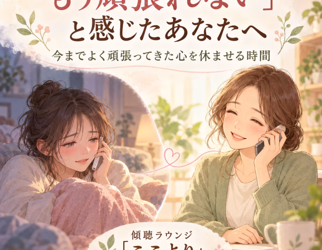 Illustrated cover of a cozy scene: two women on phones smiling at each other in a warm living room; Japanese title about taking a break and a listening lounge called 'Koko yori'