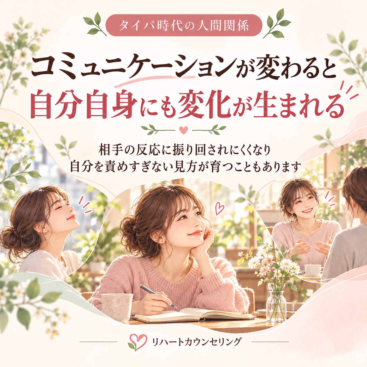 Pastel banner for a counseling service showing smiling women talking in a cafe, with Japanese text about how changing communication brings personal change.