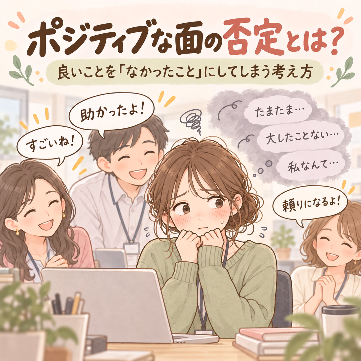 Warm, pastel office scene with a shy woman at a desk while coworkers cheer and reassure her in speech bubbles in Japanese.