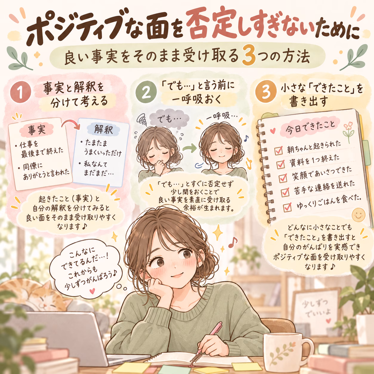 Colorful Japanese infographic about three ways to accept positive events, with a woman at a desk and note cards.