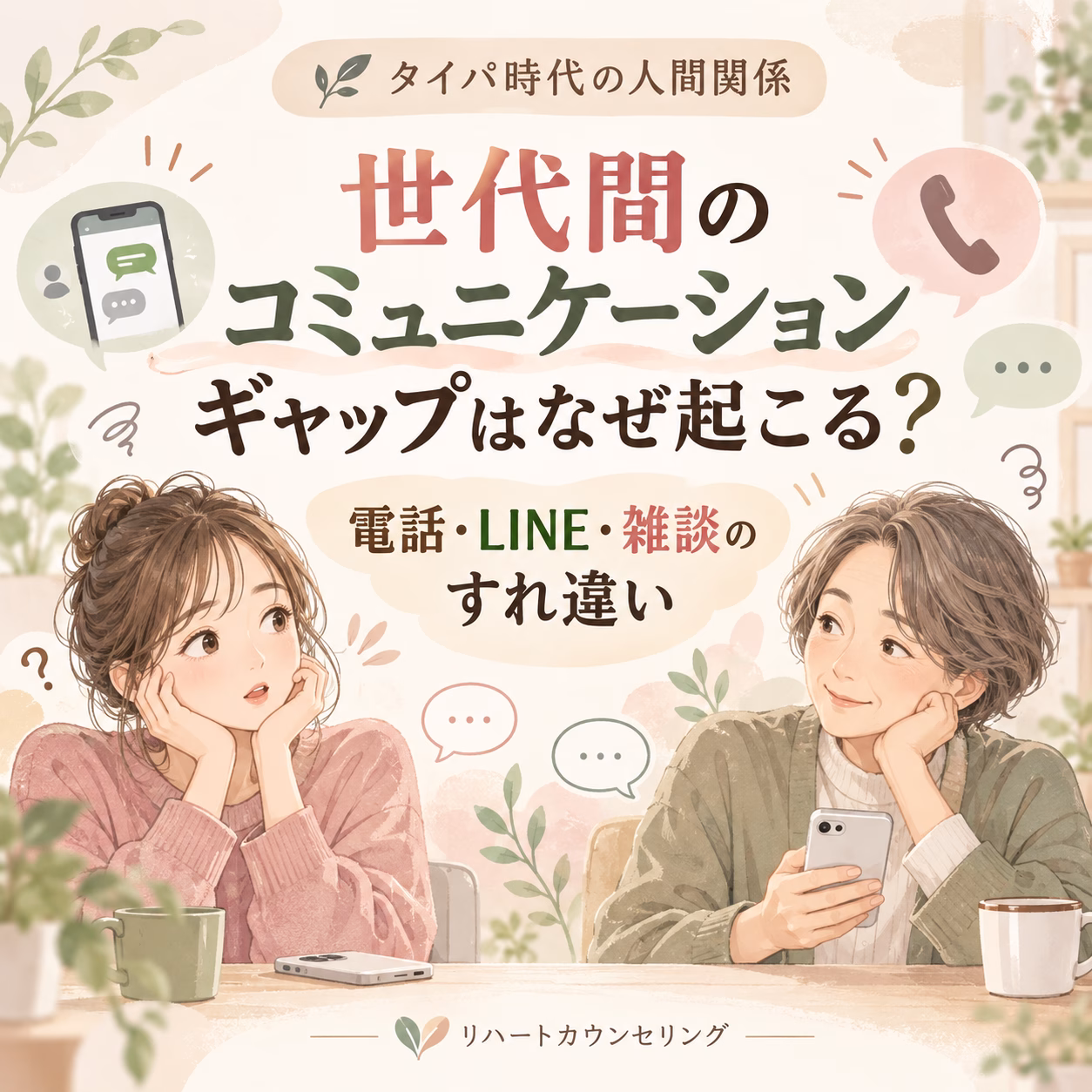 世代間のコミュニケーションギャップはなぜ起こる電話LINE雑談のすれ違い | リハートカウンセリング.com|傾聴で思考のクセを整え、生きにくさを軽くする電話・オンライン相談 世代間のコミュニケーションギャップはなぜ起こる?電話・LINE・雑談のすれ違い