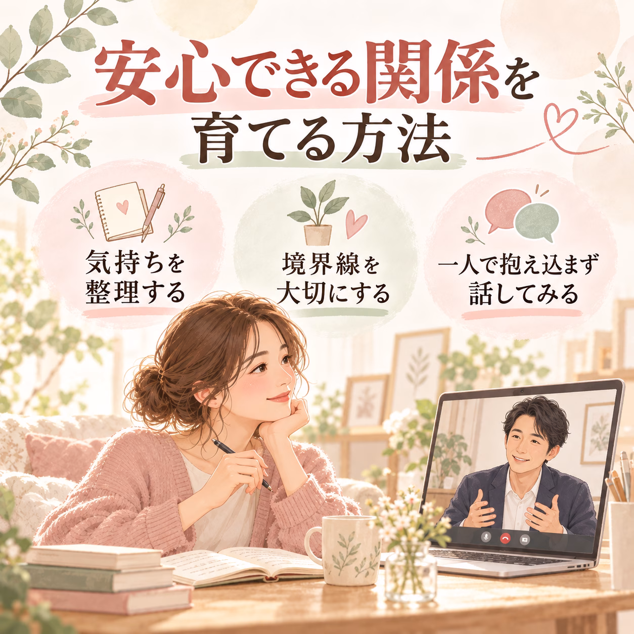 Woman in a pink sweater takes notes at a desk while a man appears on a laptop screen in a video call, with pastel decor behind her.