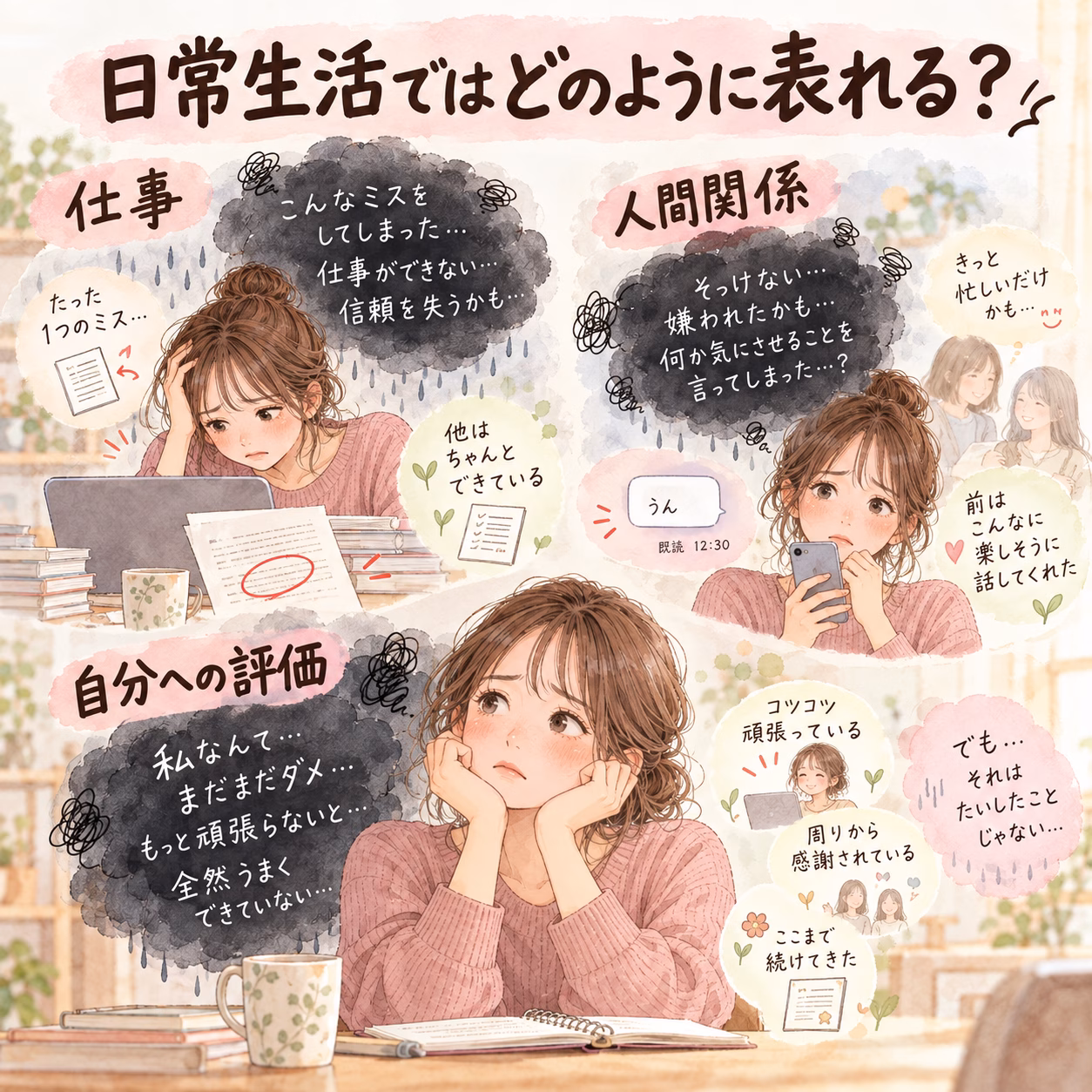 Illustration of a woman overwhelmed by study and life pressures, surrounded by thought bubbles about work, relationships, and self-doubt in a pastel collage.