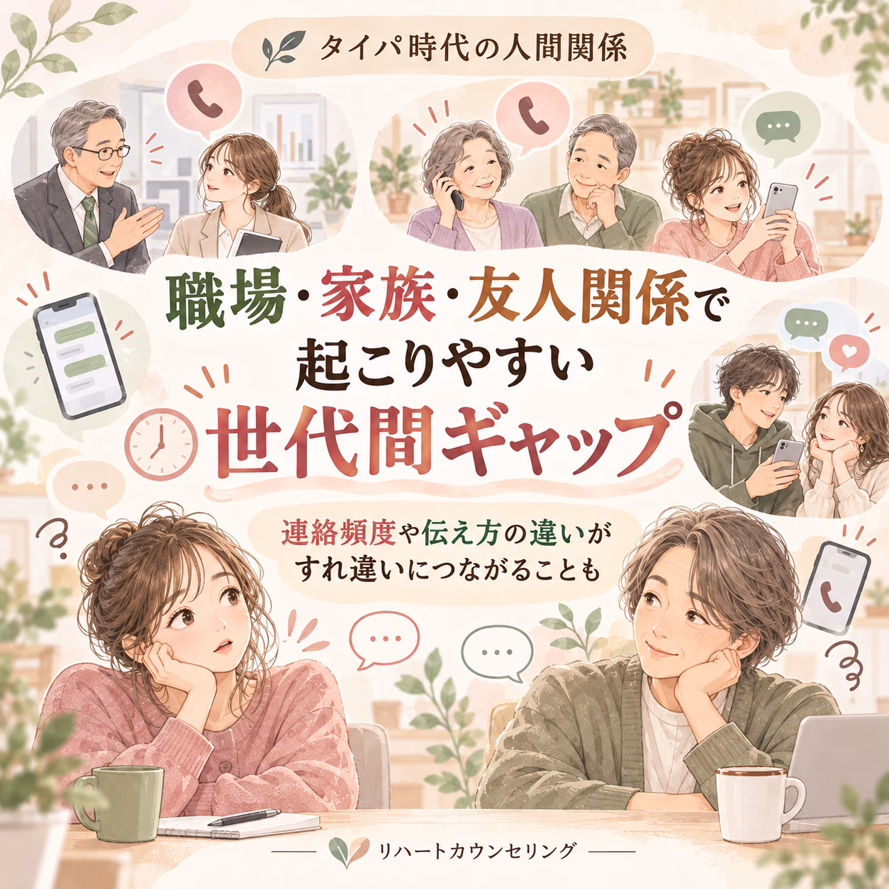 Warm illustrated poster about workplace, family, and friends, showing people chatting on phones and a large Japanese title in the center.