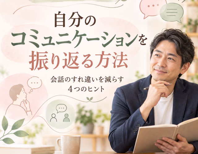 講座バナー: 自分のコミュニケーションを振り返る方法。ノートを持つ男性が本を読む姿。