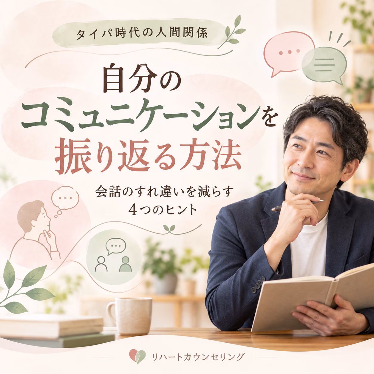 講座バナー: 自分のコミュニケーションを振り返る方法。ノートを持つ男性が本を読む姿。