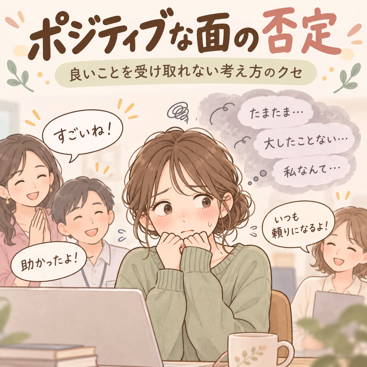 褒められても素直に喜べないポジティブな面の否定という考え方のクセ | リハートカウンセリング.com|傾聴で思考のクセを整え、生きにくさを軽くする電話・オンライン相談 褒められても素直に喜べない?「ポジティブな面の否定」という考え方のクセ